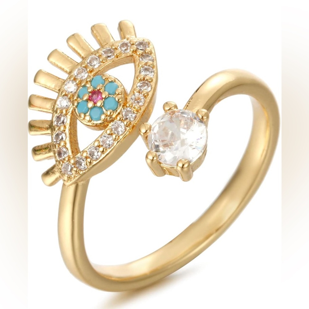 18K Gold Cubic Zirconia Evil Eye Design Ring with Crystal Accent - Picture 1 of 4